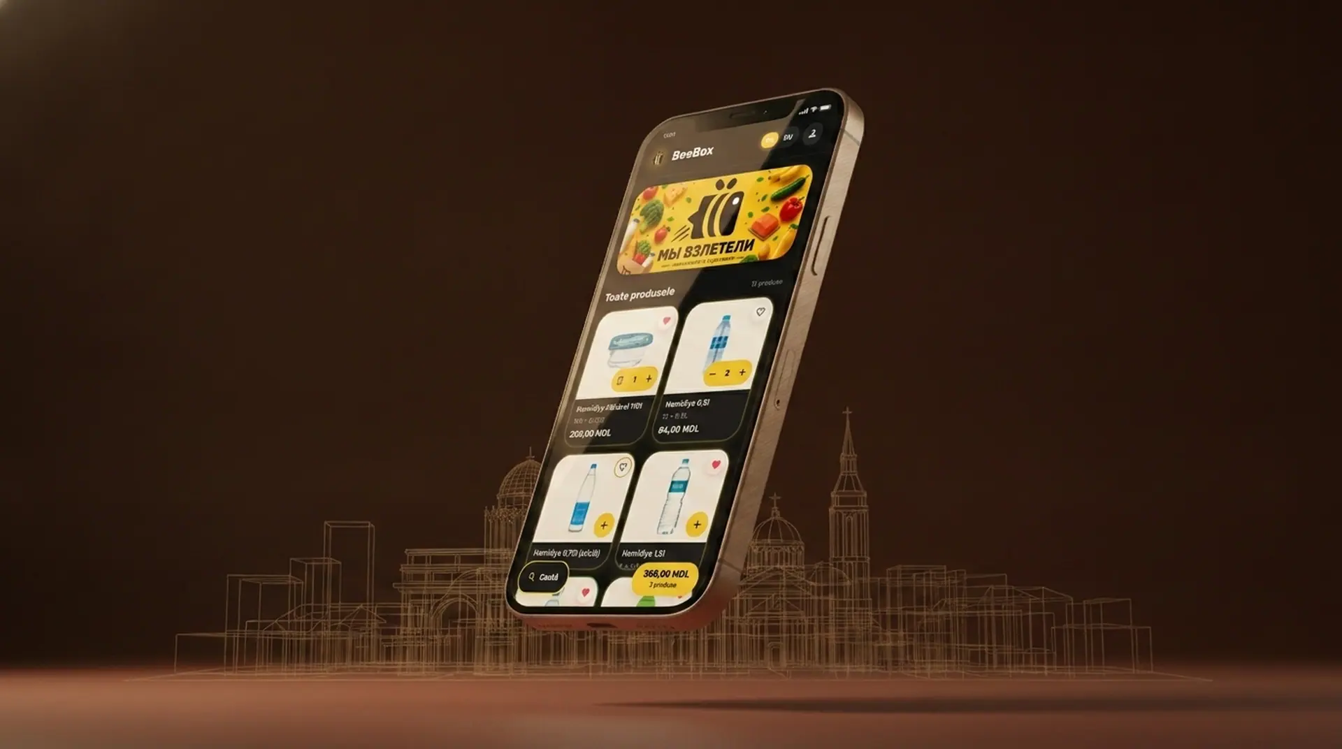 BeeBox app on a phone with the Chișinău skyline behind